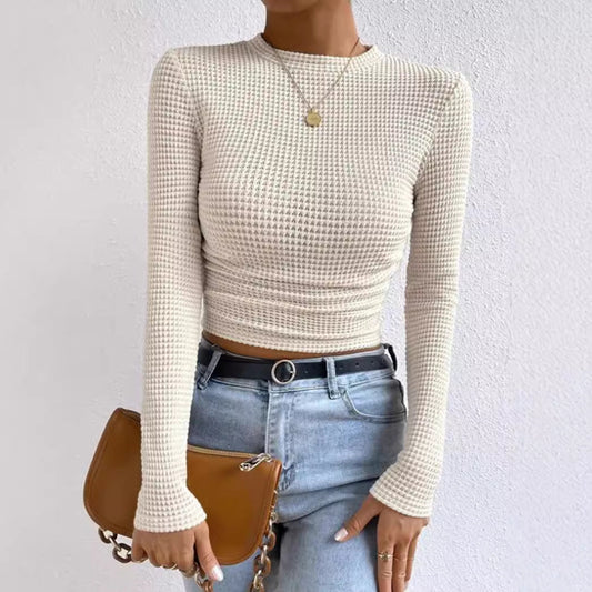 Women's Long Sleeve T-Shirt – Slim Fit – Soft Textured Knit – Ruched Waist – Short Model