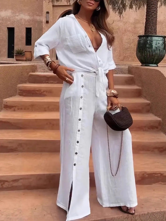 Women's Jumpsuit – Wide Fit – Linen and Cotton – Asymmetric Button – High Waist