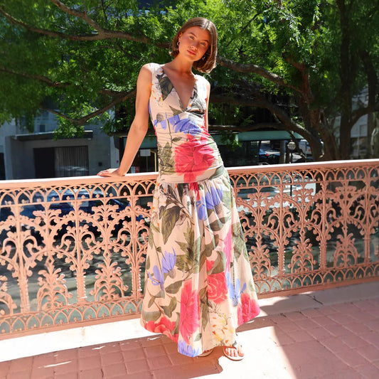 Dress woman – Maxi dress – Slim fit – Deep V-neck – Spaghetti straps – Floral print
