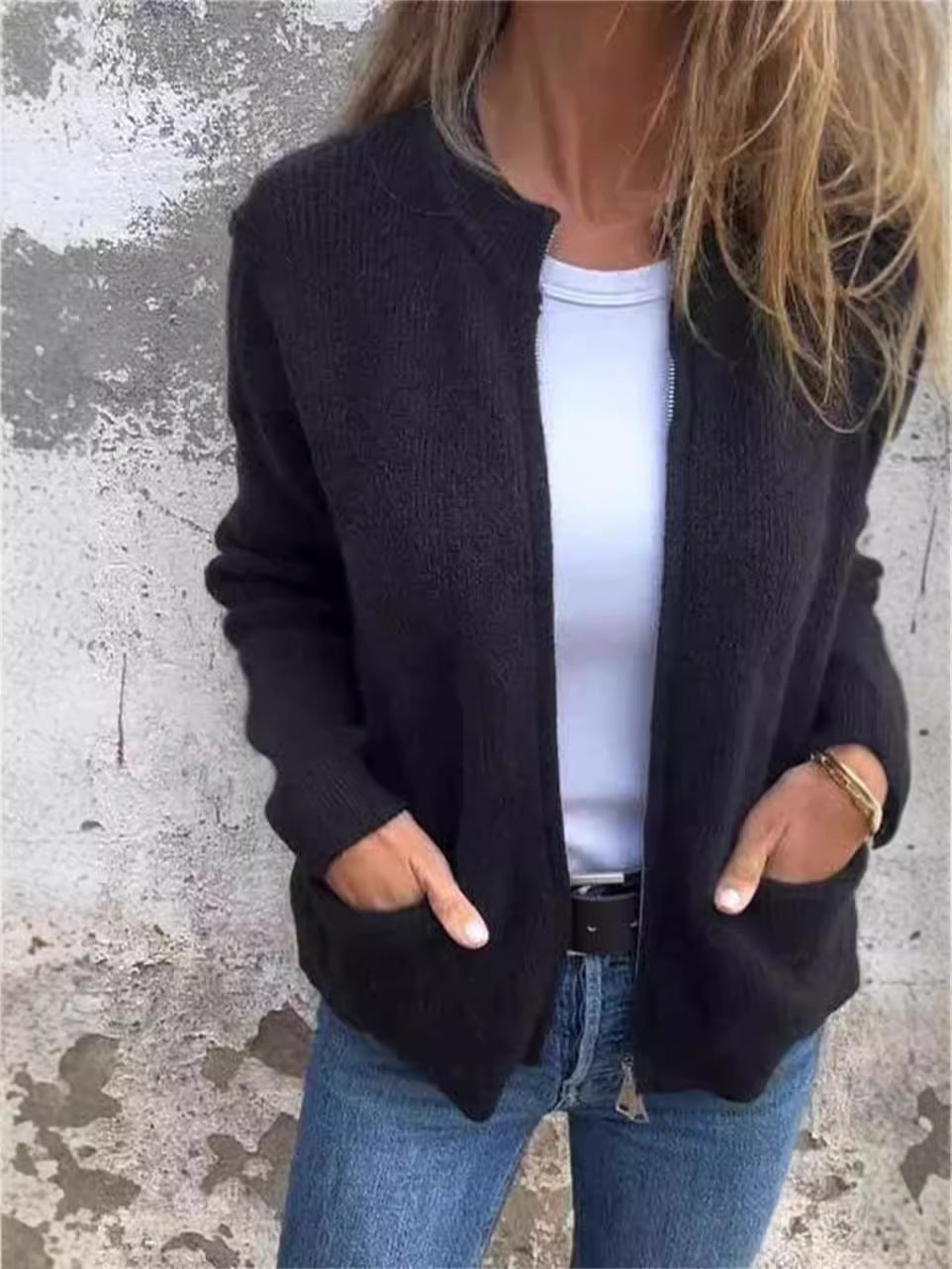 Women's Zipper Jacket – Ribbed Knit – Loose Fit – Stand Collar – Front Pockets