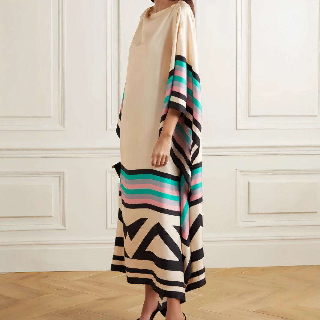 Women's Maxi Dress – One Shoulder – Loose Fit – Asymmetric Hem – Striped Panel
