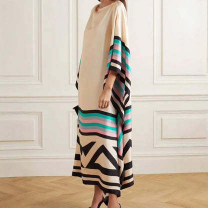Women's Maxi Dress – One Shoulder – Loose Fit – Asymmetric Hem – Striped Panel