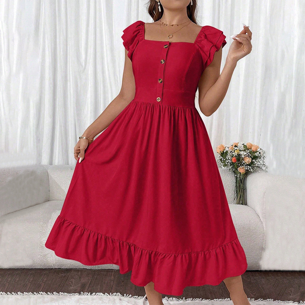 Dress for Women – Midi Length – Flattering Wide Fit – Ruffle Sleeves – Buttons – Square Neckline