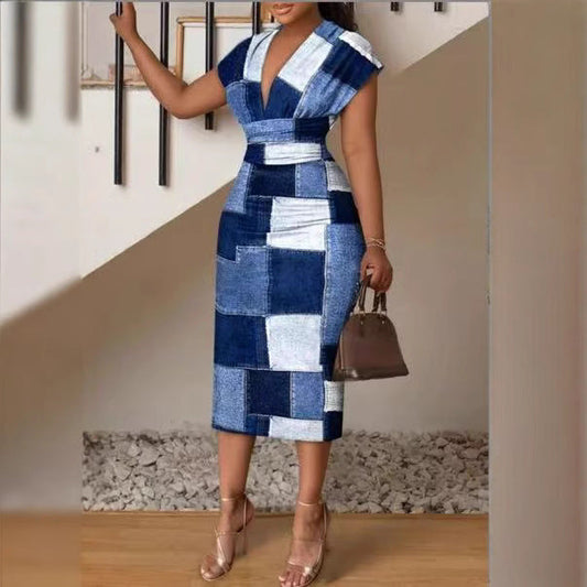 Dress Women Midi – Slim Fit Bodycon – V-Neck – Patchwork Denim-Look – Short Sleeves