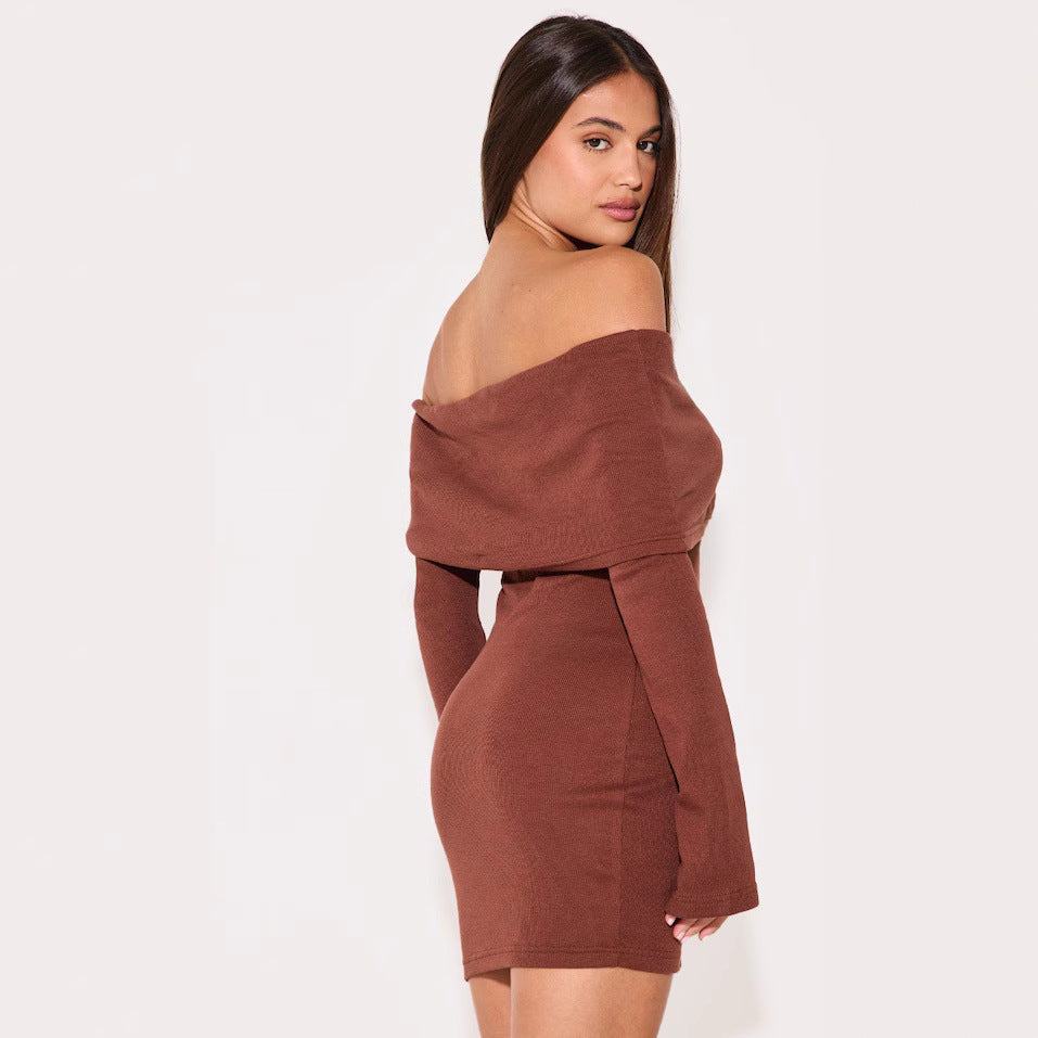 Dress for Women – Off-shoulder – Slim Fit – Ribbed Knit – A-line – Mini Length – Buttons