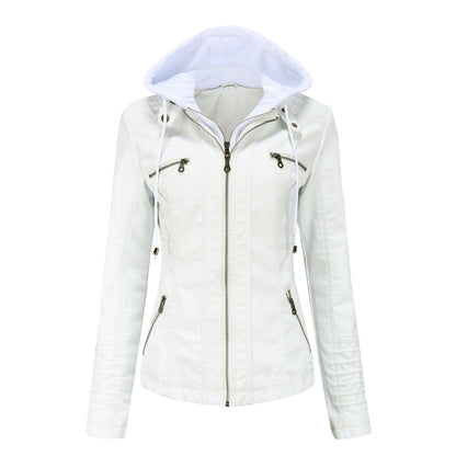 Women's Jacket with Hood – Slim Fit – Faux Leather – Detachable Hood – Zipper Pockets