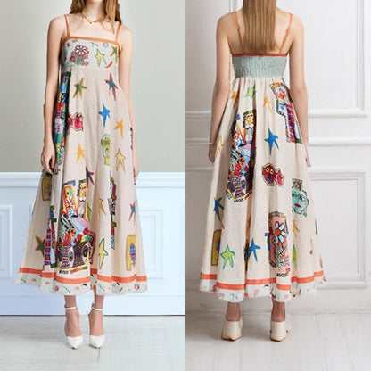 Dress for Women – Maxi A-line – Spaghetti Straps – Cotton – Artistic Print