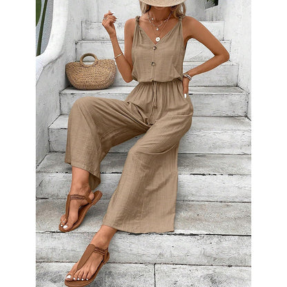 Women's Jumpsuit – Wide Leg – Sleeveless – Buttons – Relaxed Fit Cotton Blend
