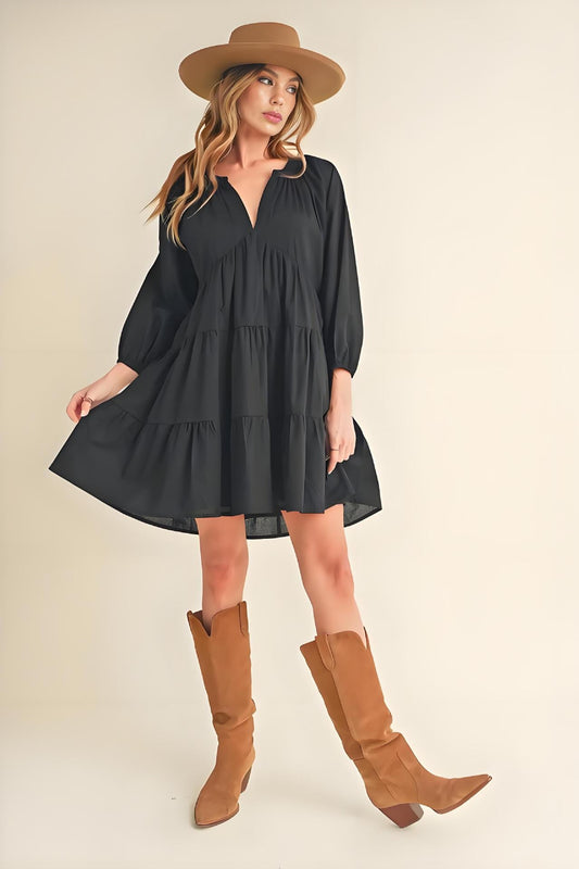 Dress for Women – A-line Fit – Cotton – V-neckline – 3/4 Puff Sleeves – Layered Design
