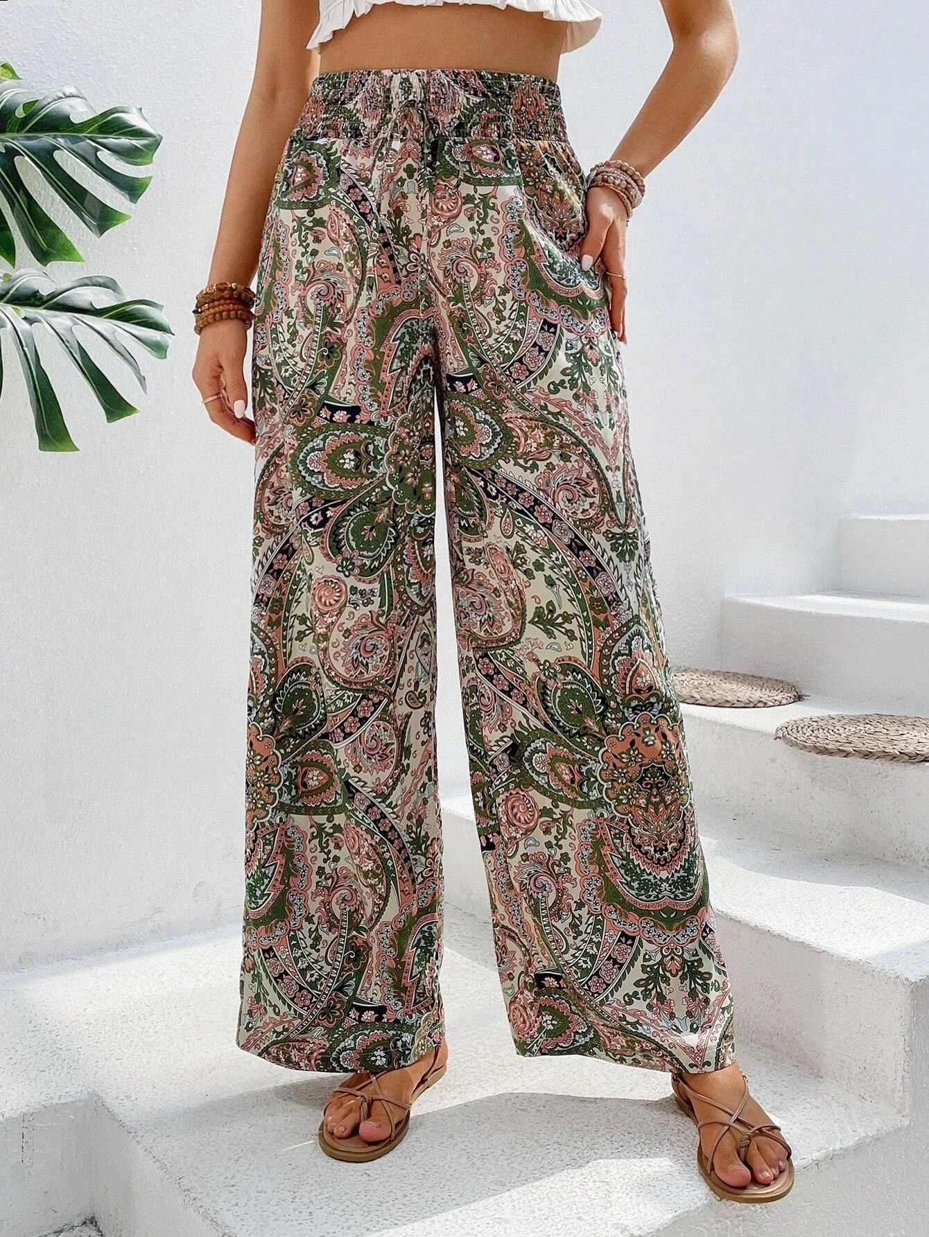 Women's Pants – Wide Legs – Elastic Waist – Breathable Fabric – Bohemian Pattern