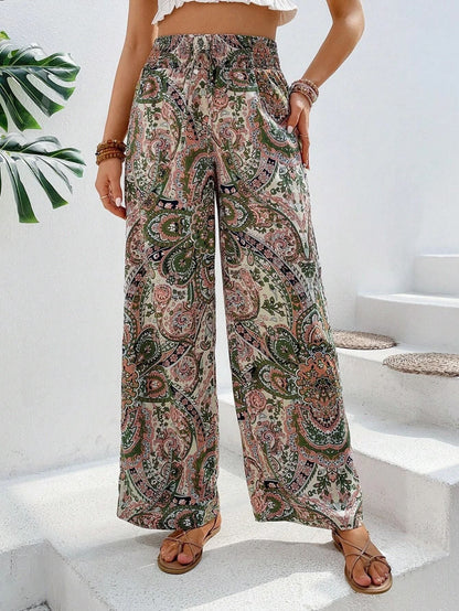 Women's Pants – Wide Legs – Elastic Waist – Breathable Fabric – Bohemian Pattern