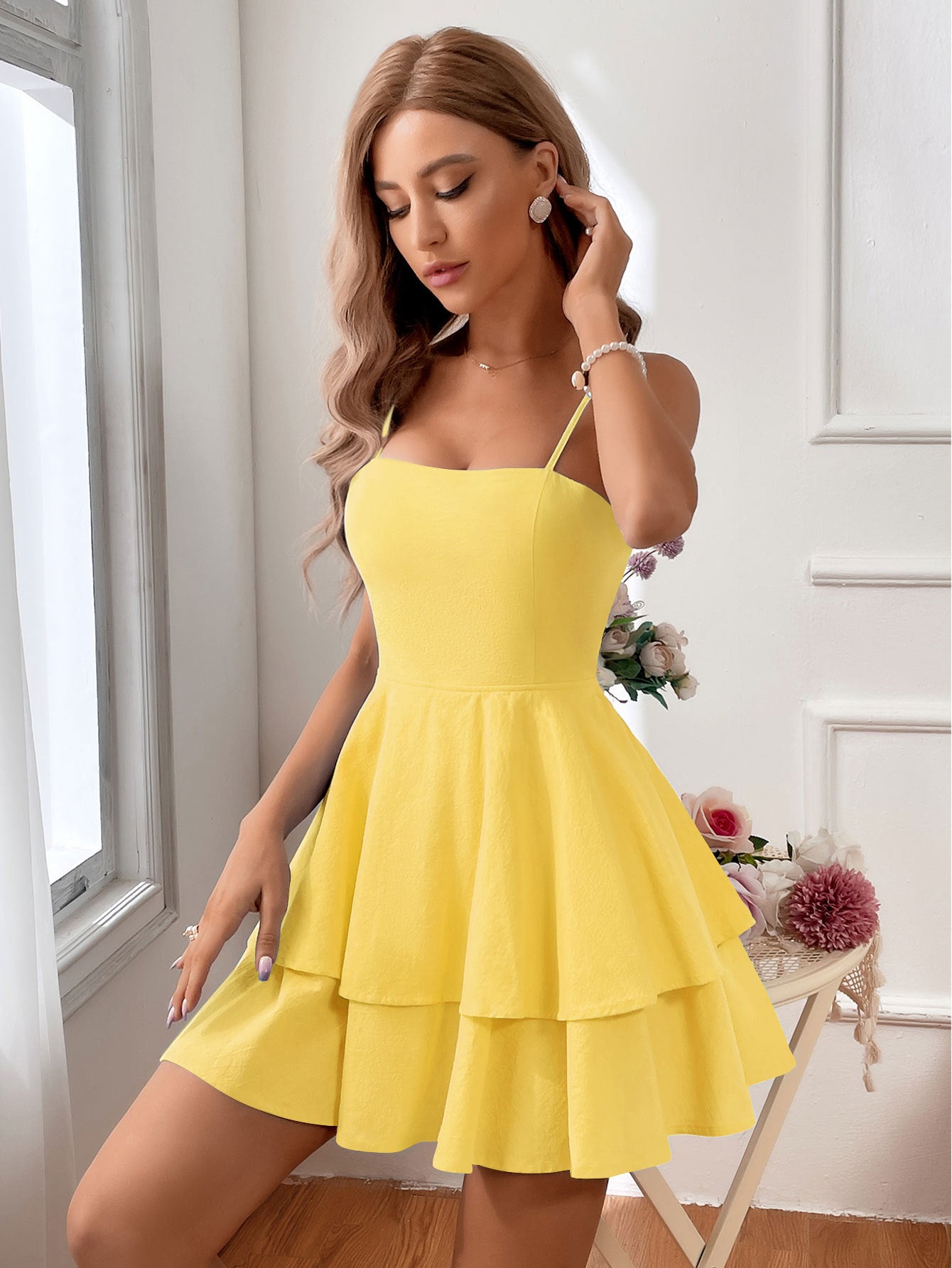 Dress for Women – Fitted Waist – Shoulder Straps – Open Back – Ruffle Skirt – Mini Length