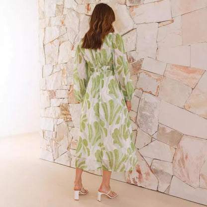 Kjole til dame – Chiffon – Avslappet passform – Blomstermønster – V-utringning – Lange ermer