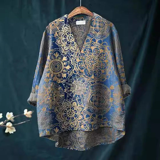Women's Shirt with Long Sleeves – Relaxed Fit – V-neck – Breathable Fabric – Digital Pattern