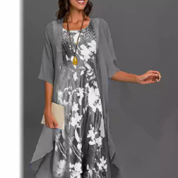 Dress for Women – Chiffon Set – Relaxed Fit – Two-Piece Design – Midi Length – Floral Layer