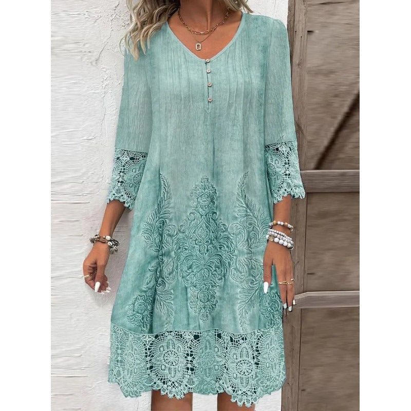 Women's Dress Midi – Loose Fit – Lace Sleeves 3/4 – V-Neck – Breathable Fabric