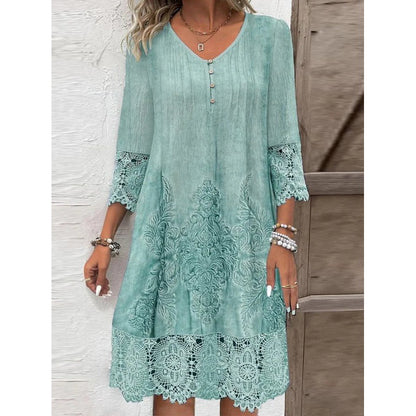 Women's Dress Midi – Loose Fit – Lace Sleeves 3/4 – V-Neck – Breathable Fabric