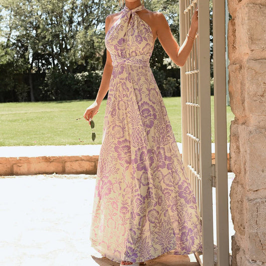 Dress woman – Halterneck – Floral print – Open back – Floor-length – Elegant fit
