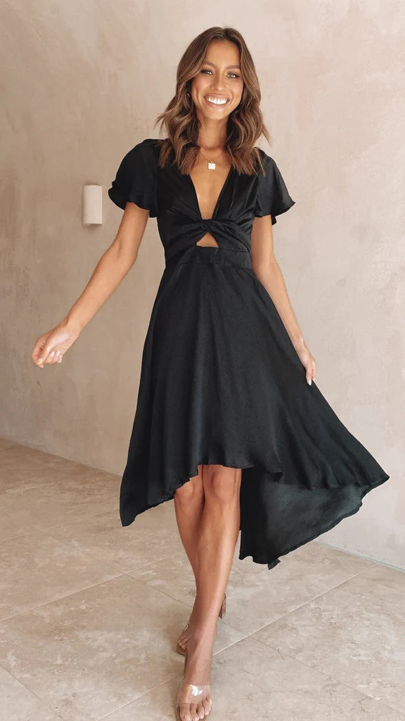 Dress woman midi – V-neck – Flutter sleeves – Waist tie – Asymmetric hem