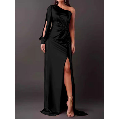Dress for Women – Maxi Dress – Slim Fit – Satin – One Shoulder – High Slit – Draped Waist