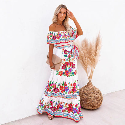 Dame Maxi Kjole – Off Shoulder – Blomsterprint – Rysjetopp – Belte i Midjen