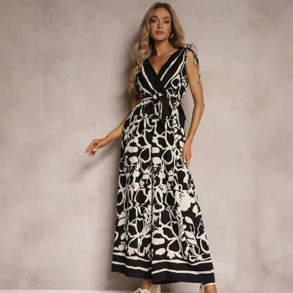 Women's jumpsuit – relaxed fit – sleeveless V-neck – tie belt – all-over print