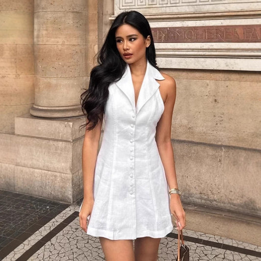 Dress woman – Halterneck – V-neckline – Slim fit – Linen blend – Mini length