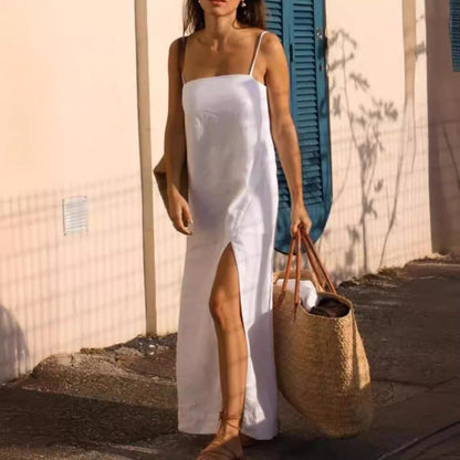 Dress woman – Midi length – Spaghetti straps – Cotton linen blend – Relaxed fit
