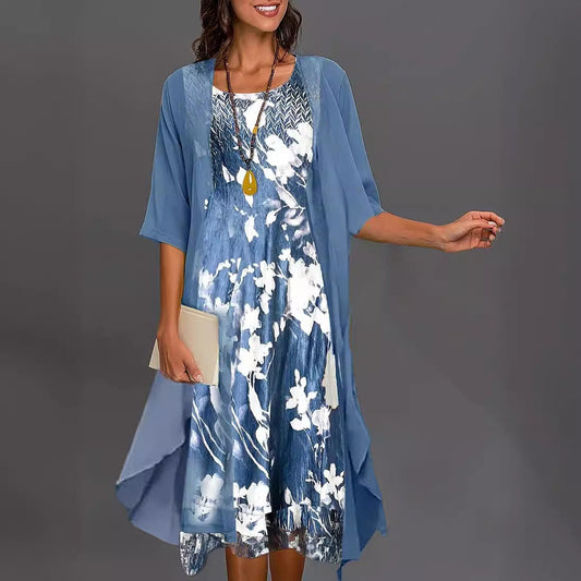 Dress for Women – Chiffon Set – Relaxed Fit – Two-Piece Design – Midi Length – Floral Layer