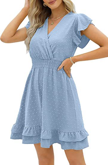 Women's Dress - Flared Sleeve, Wrap, V-Neck - Elastic Waist - Polka Dot - Ruffle Hem
