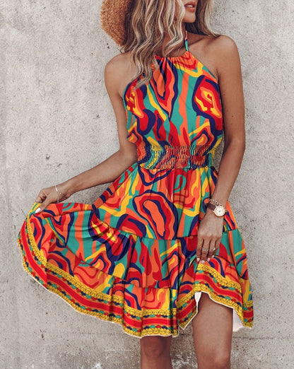 Dress for Women – Halterneck – Smocked Waist – Paisley Patterned – Midi Length and Airy