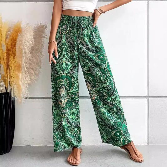Women's Pants – Wide Legs – Elastic Waist – Breathable Fabric – Bohemian Pattern