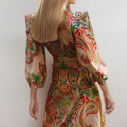 Dress for Women – A-line – V-neck – Long Sleeves – Elegant Paisley Pattern