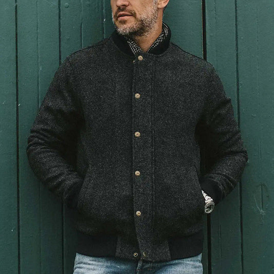 Men's Bomber Jacket – Relaxed Fit – Wool Blend – Button Closure – Ribbed Edge