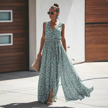 Dress for Women – Bohemian Maxi – Light Fabric – Deep V-neck – Fitted Waist