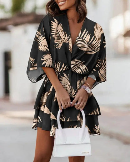 Dress women mini – loose fit – V-neck – batwing sleeves – abstract pattern – breathable fabric