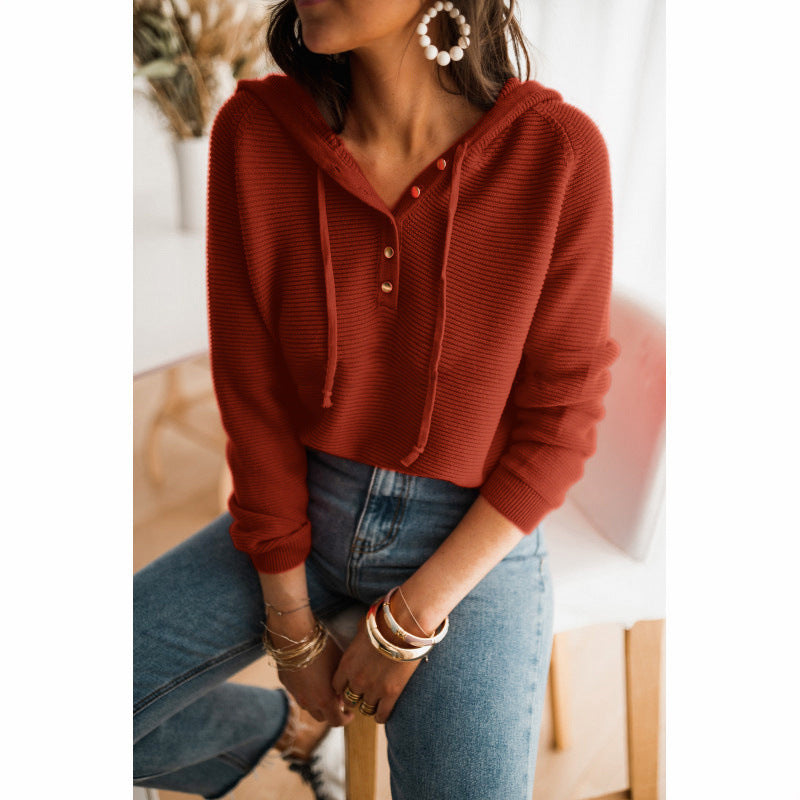 Hoodie woman – Relaxed fit – Knitted texture – Button details – Adjustable hood