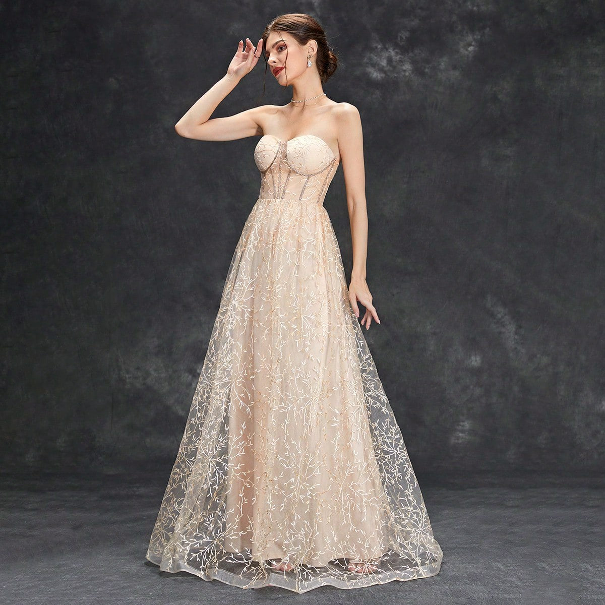 Dress for Women – Strapless Party Dress – Embroidered Tulle – A-line – Floor-length