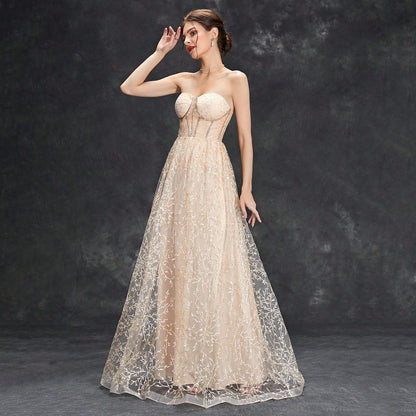 Dress for Women – Strapless Party Dress – Embroidered Tulle – A-line – Floor-length