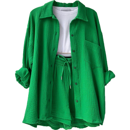 Women's Two-Piece Set – Relaxed Collared Shirt – High-Waisted Drawstring Shorts