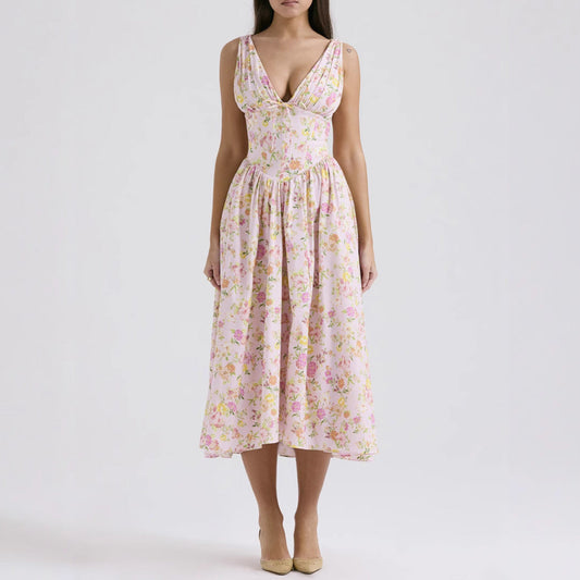 Dress for Women – Sleeveless V-neck – A-line Fit – Floral Print – Midi Length