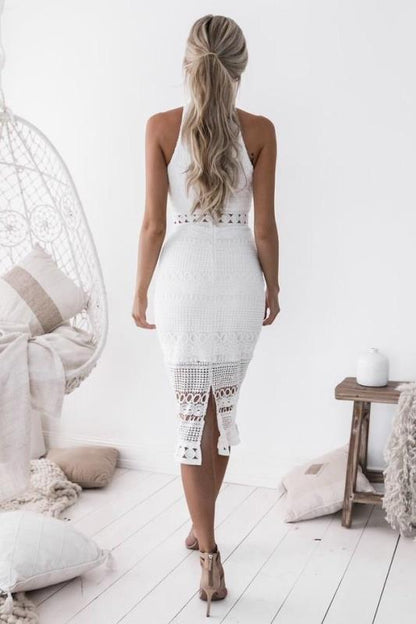 Dress for Women – Slim Fit – Halterneck – Lace and Crochet Details – Midi Length