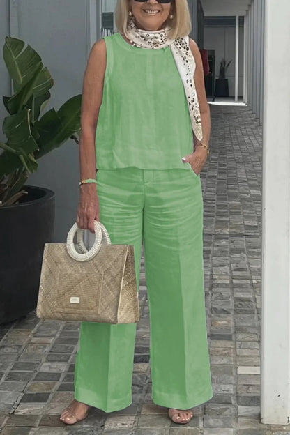 Women's Set Without Sleeves – Linen Cotton – Relaxed Fit – Wide Trousers with Pockets