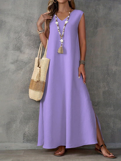 Women's Maxi Dress – Relaxed Fit – V-Neck – Sleeveless – Side Slits – Cotton Blend
