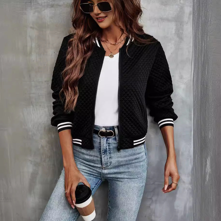 Women's Bomber Jacket – Quilted Design – Relaxed Fit – Stand Collar – Zipper