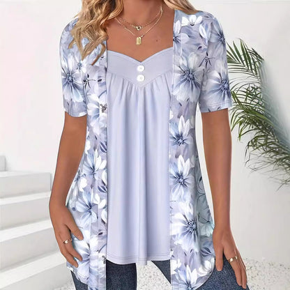 Women's Top – Relaxed Fit – Sweetheart Neckline – Floral Print Layered Look