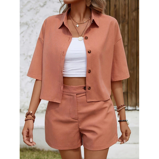 Women's Set with Shirt and Shorts – Relaxed Fit – Breathable Fabric – Button Closure