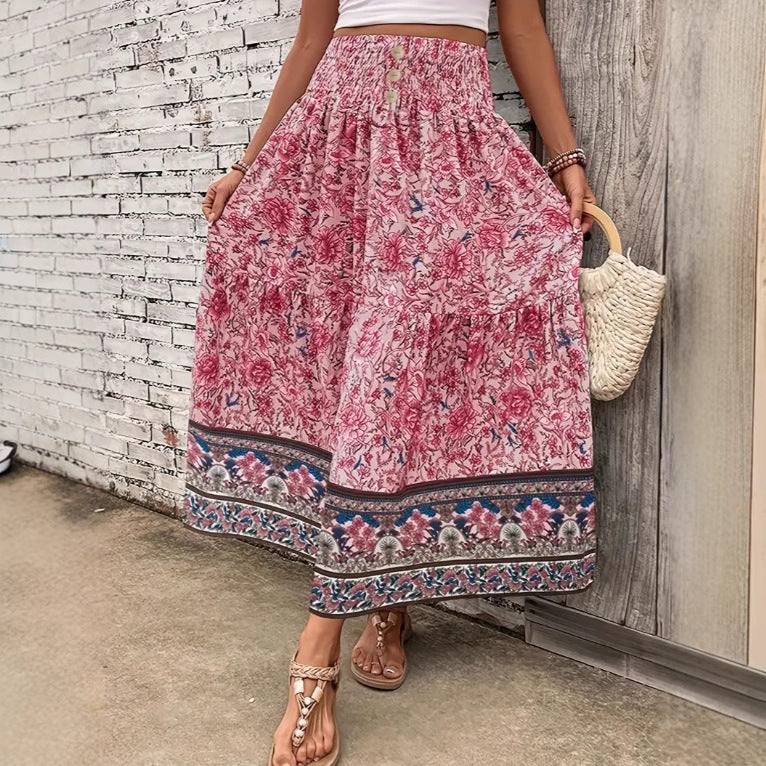 Women's Long Skirt – Bohemian Floral Print – Elastic Waist – Airy Cotton Blend