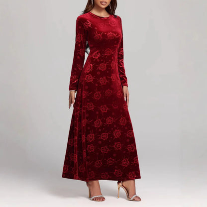 Dress woman maxi – velvet A-line – embossed floral pattern – long sleeves