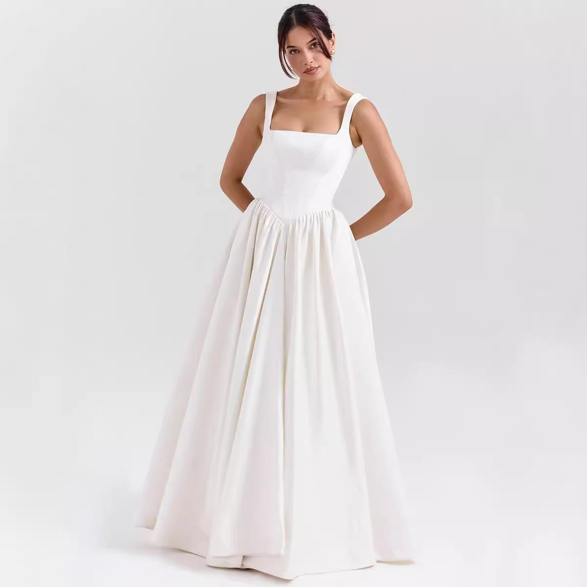 Dress for Women – Maxi Length – Slim Waist – Wide Skirt – Square Neckline – Cotton